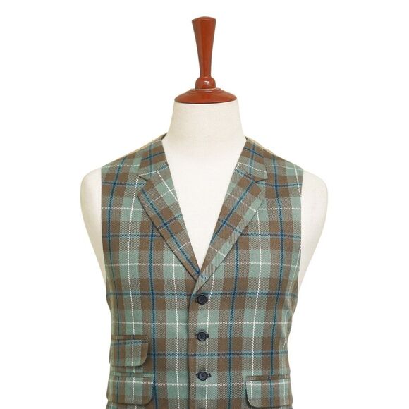 Mens Vest 44R Plaid Wool Green Brown Waistcoat XL Western Casual Preppy Wedding - Picture 4 of 9